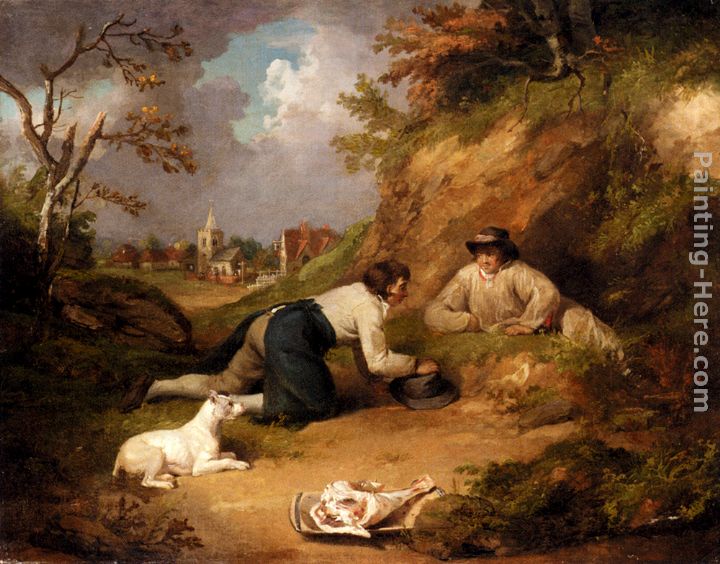 Two Men Hunting Rabbits With Their Dog, A Village Beyond painting - George Morland Two Men Hunting Rabbits With Their Dog, A Village Beyond art painting